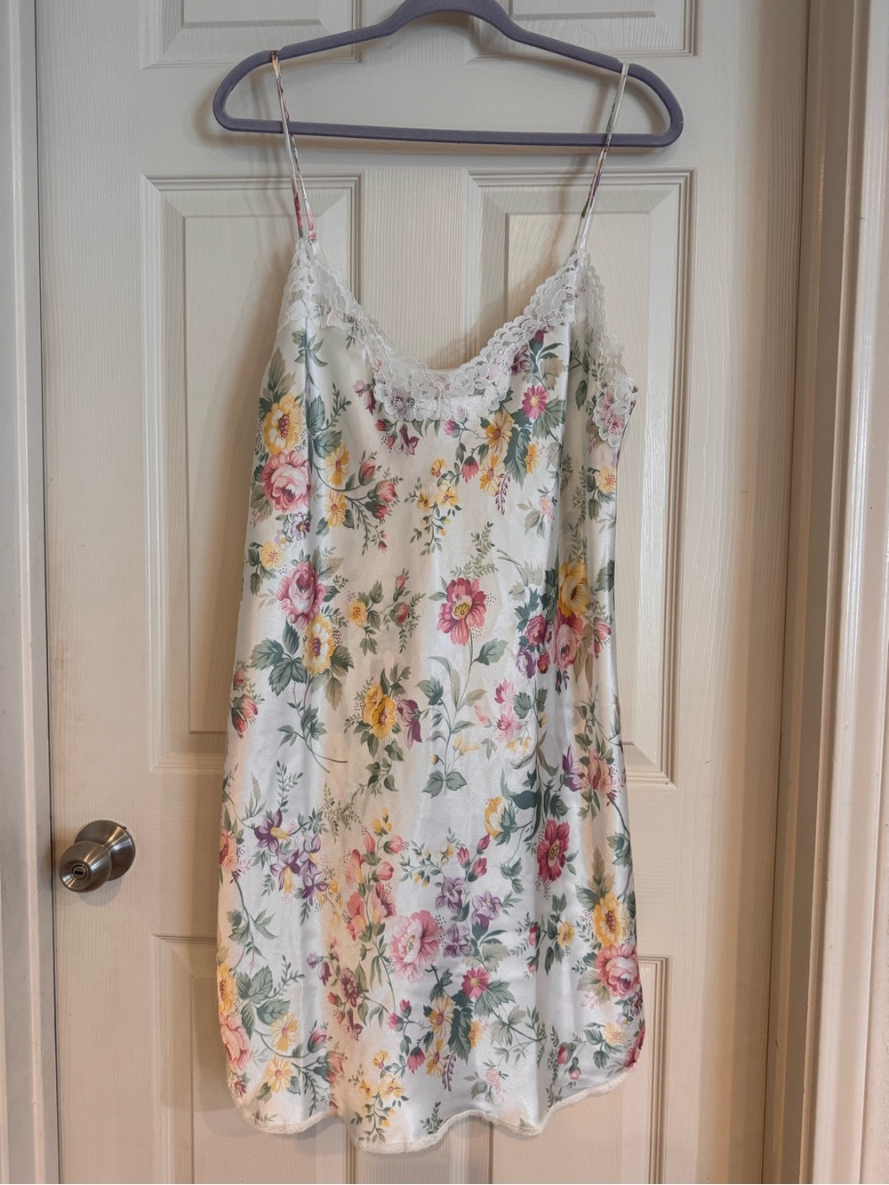 Vintage Barbizon Floral Lace-Trim Slip Dress - White with Pink & Yellow Floral